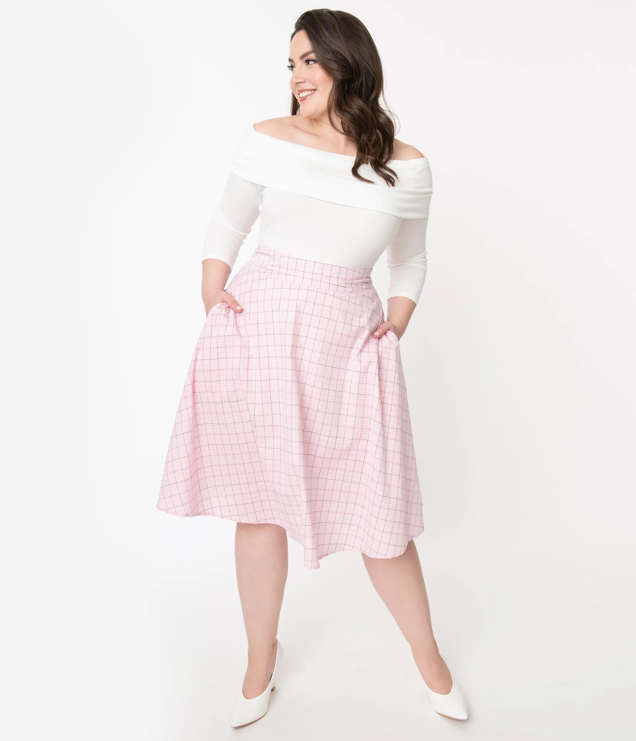 Unique Vintage Plus Size Retro Pink Checkered Vivien Swing Skirt