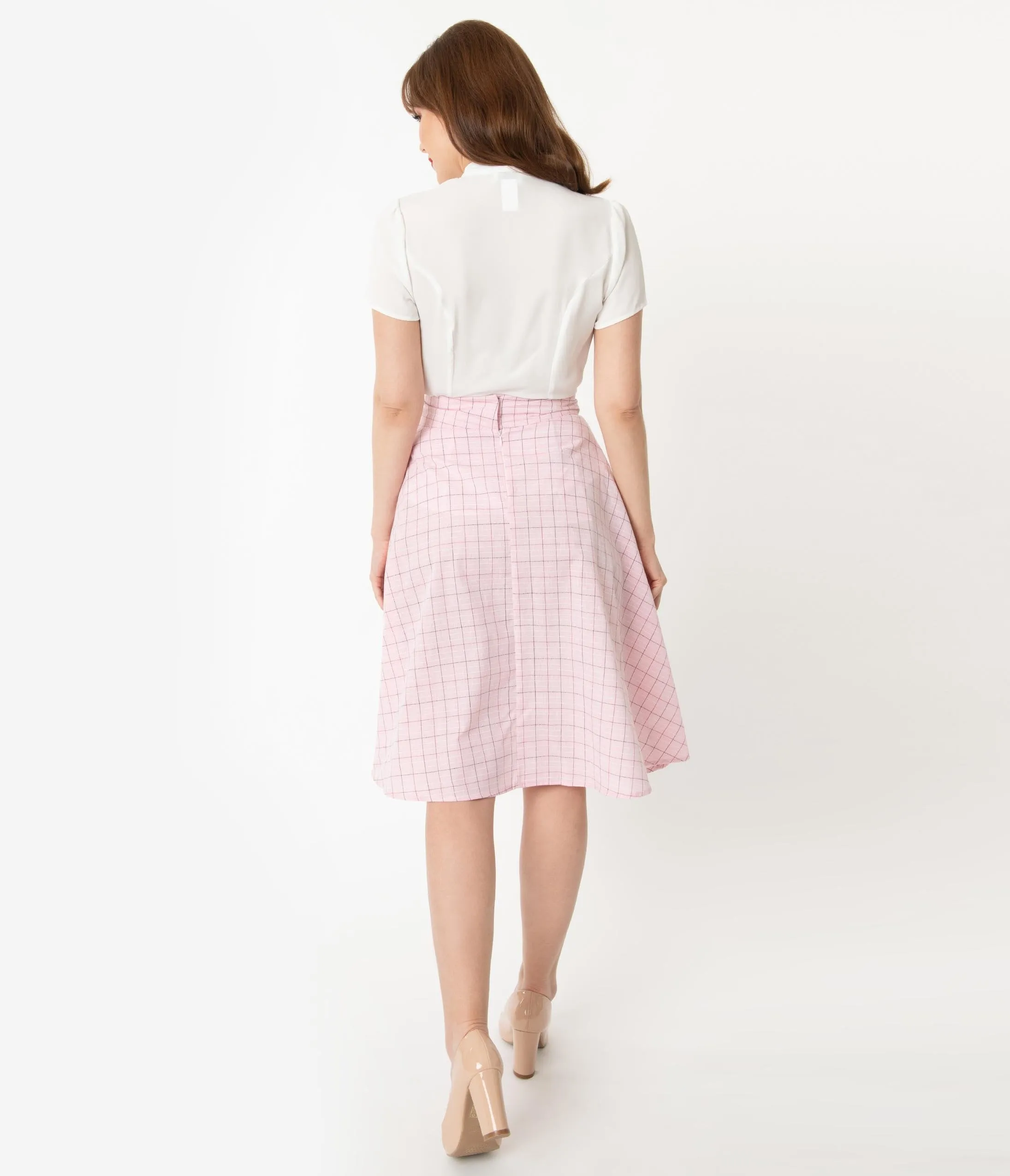 Unique Vintage Retro Pink Checkered Vivien Swing Skirt