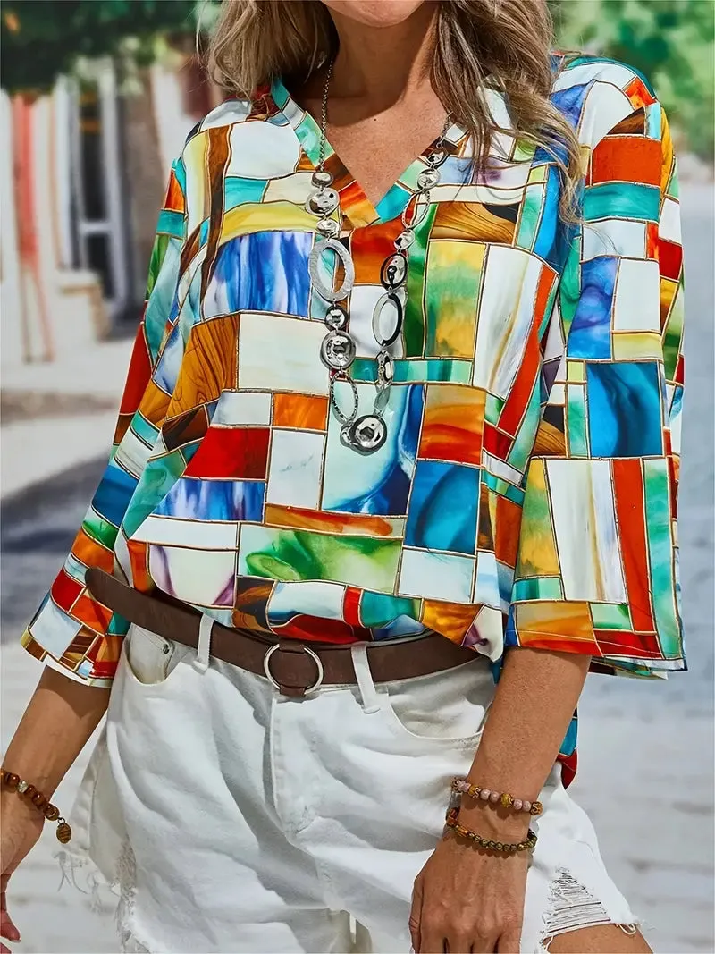 Women's Geometric V-Neck Oversized Blouse
