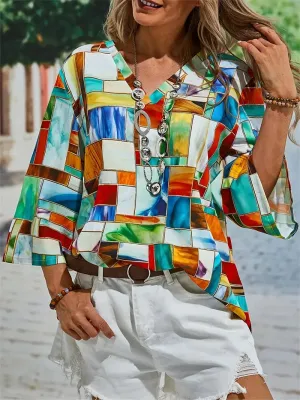 Women's Geometric V-Neck Oversized Blouse