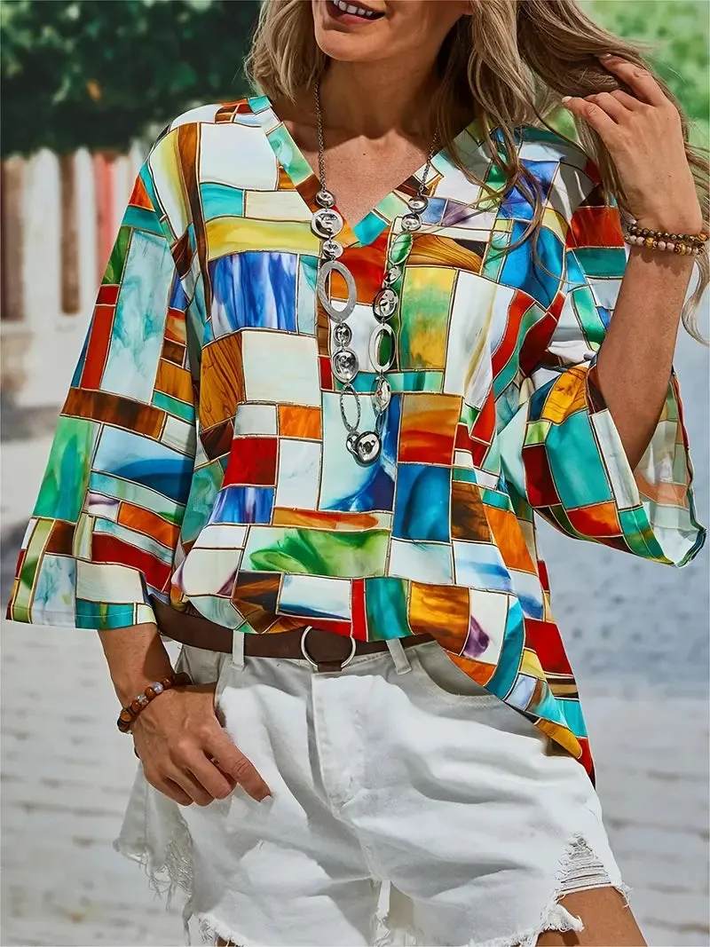 Women's Geometric V-Neck Oversized Blouse