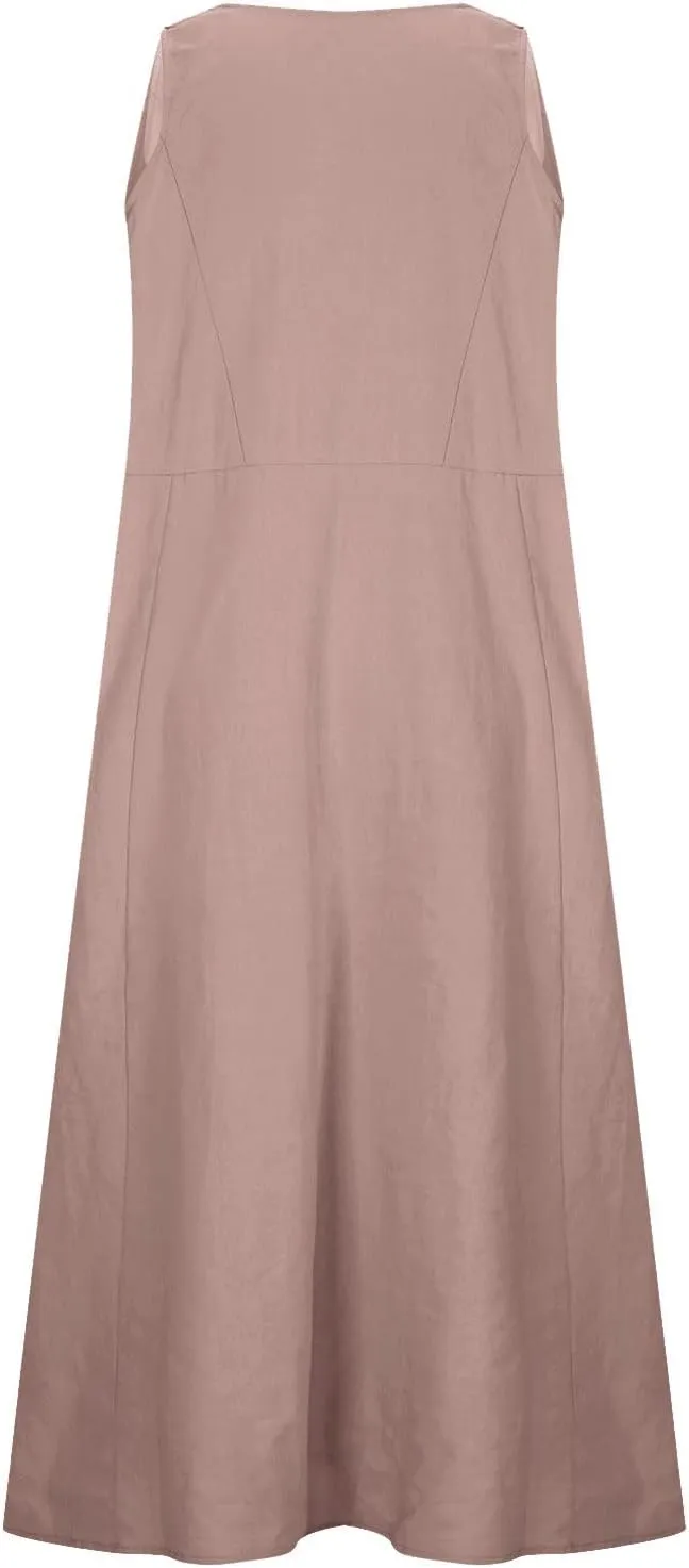 Women's Sleeveless Cotton Linen Dress Summer Beach Tank Dress Plus Size Printed Long Dress with Pockets