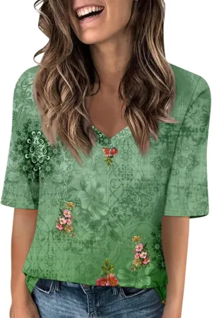 Womens Tops Half Sleeve Tops for Women Women's V Neck T Shirts Trendy Casual Print Pullover Summer Tees