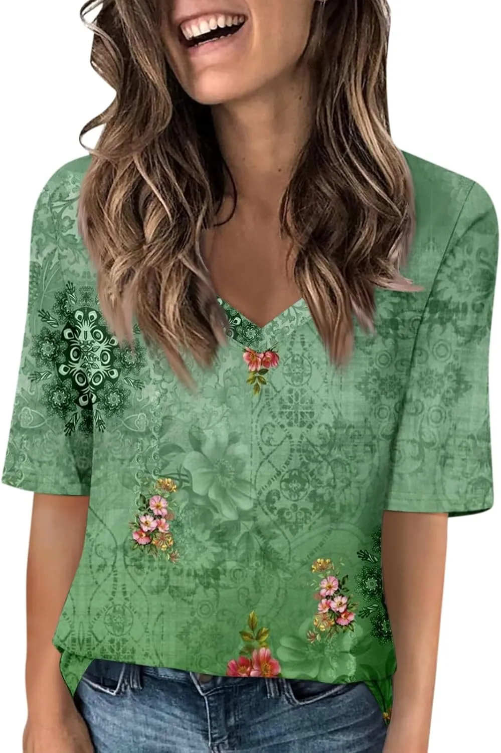 Womens Tops Half Sleeve Tops for Women Women's V Neck T Shirts Trendy Casual Print Pullover Summer Tees