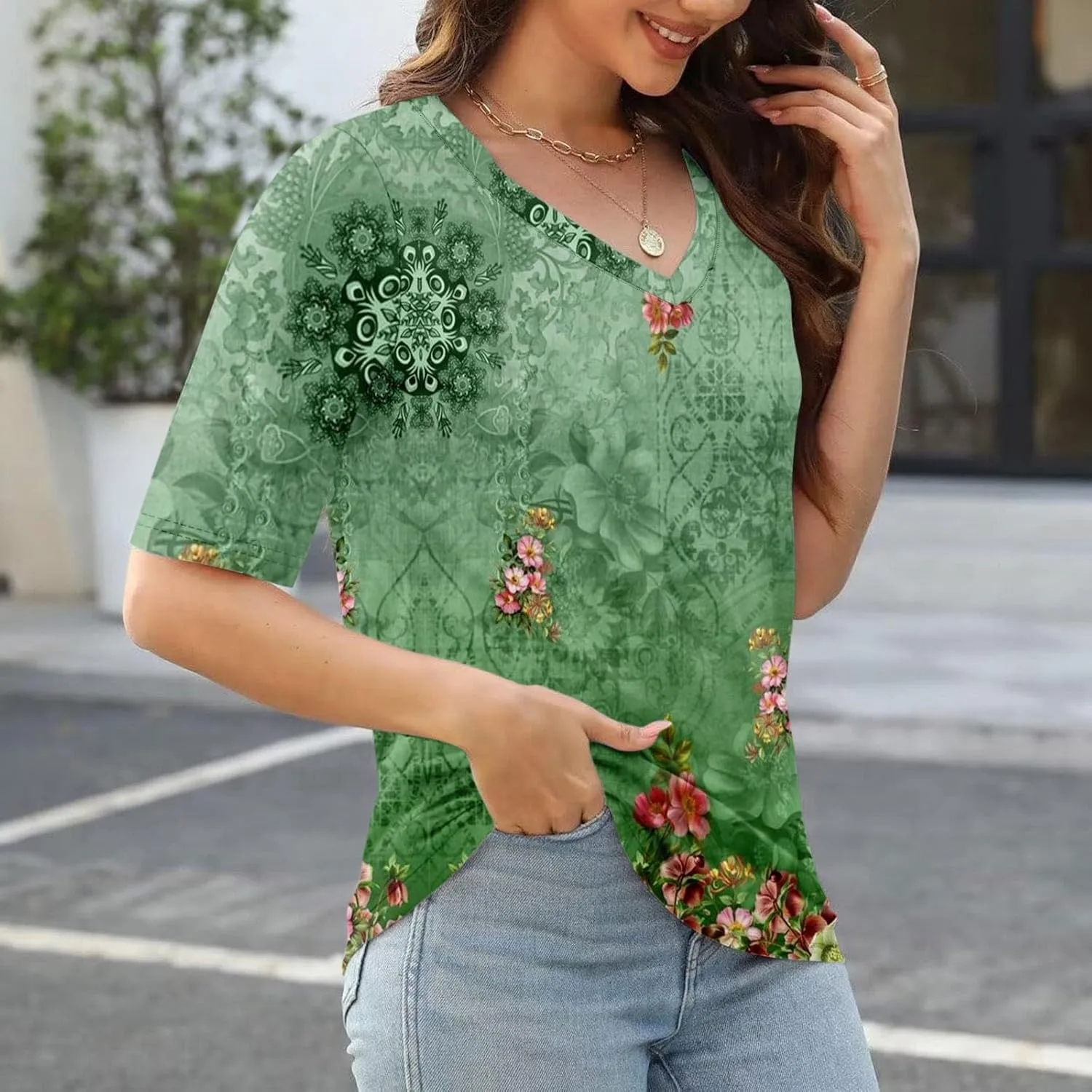 Womens Tops Half Sleeve Tops for Women Women's V Neck T Shirts Trendy Casual Print Pullover Summer Tees
