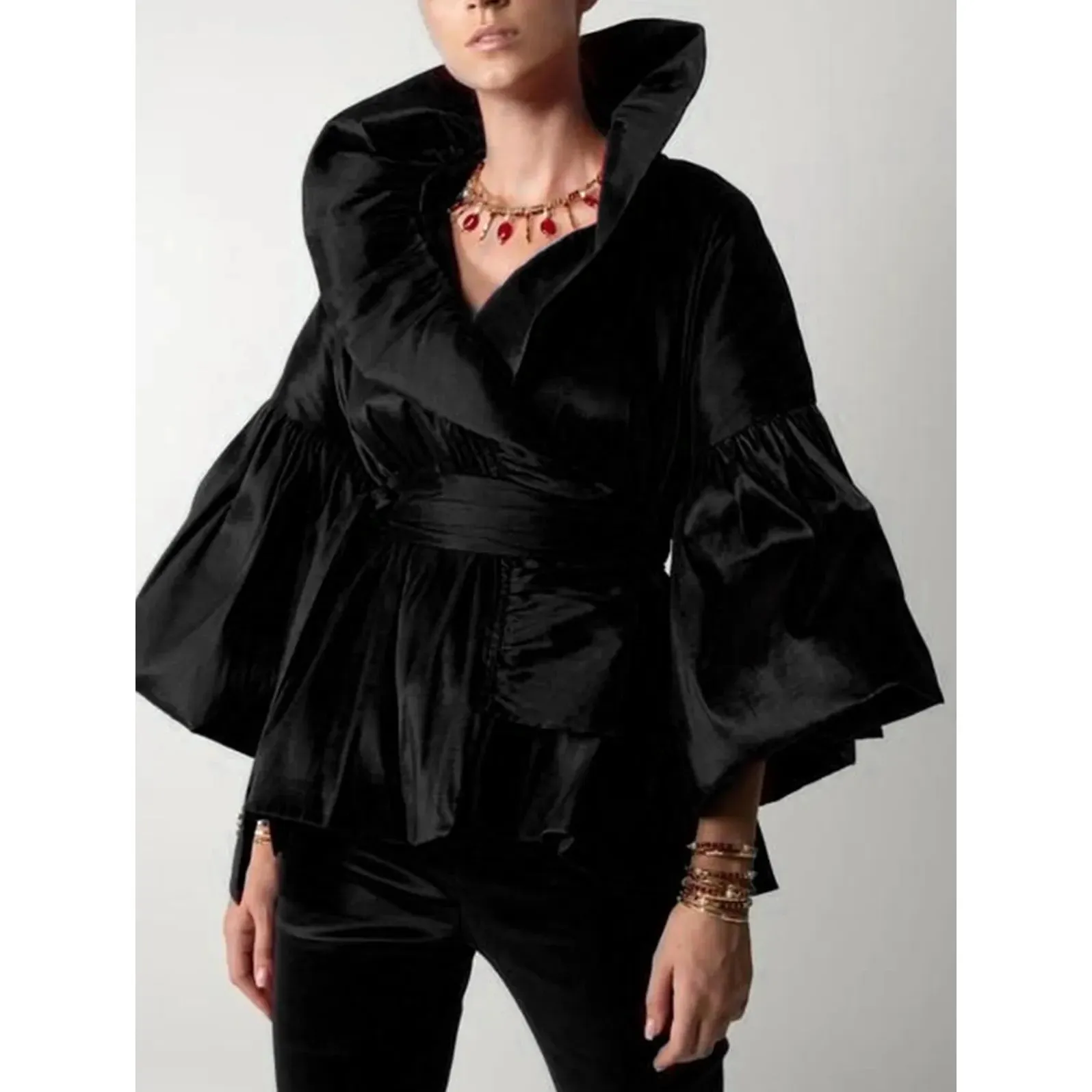 Women's Wrap Shirts Puffy Ruffled Long Sleeve Solid Colors