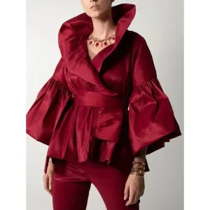 Women's Wrap Shirts Puffy Ruffled Long Sleeve Solid Colors