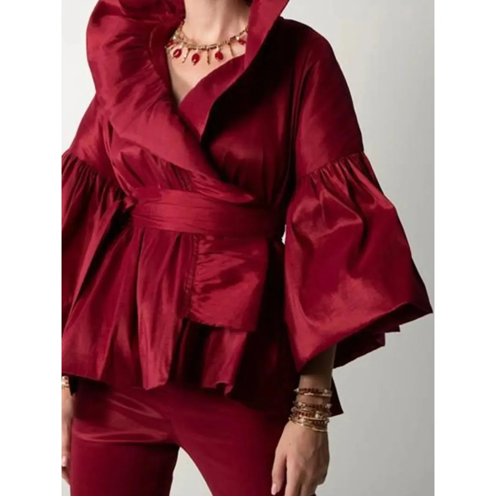 Women's Wrap Shirts Puffy Ruffled Long Sleeve Solid Colors