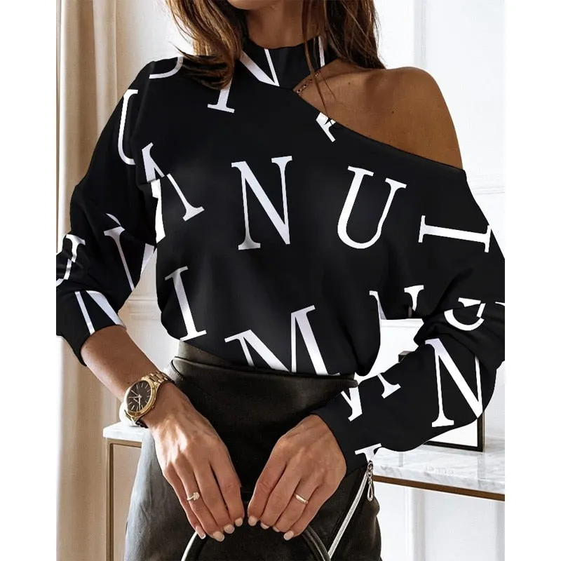 xakxx xakxx Back to School Women Elegant Fashion Long Sleeve Blouses Tops Could Shoulder Letter Casual Blouse