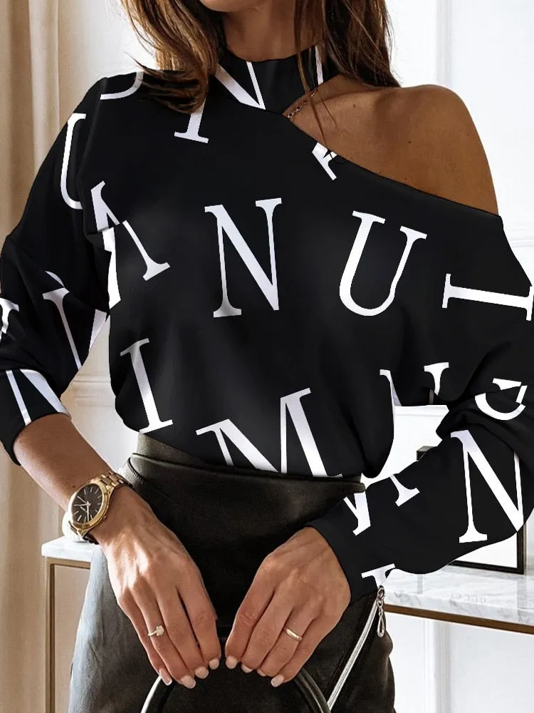 xakxx xakxx Back to School Women Elegant Fashion Long Sleeve Blouses Tops Could Shoulder Letter Casual Blouse