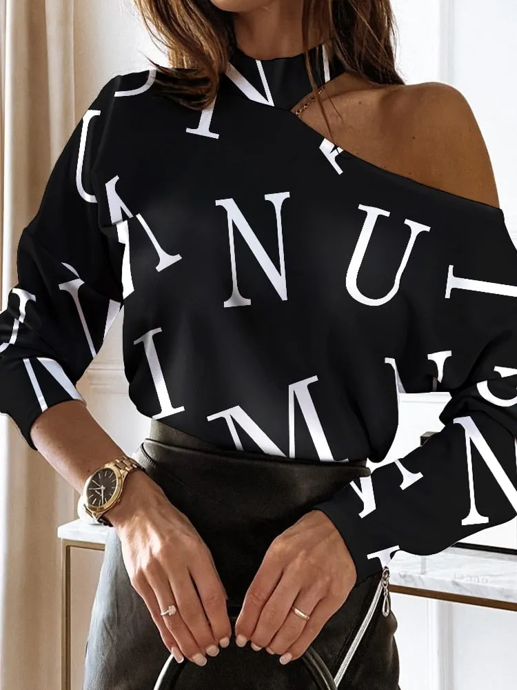 xakxx xakxx Back to School Women Elegant Fashion Long Sleeve Blouses Tops Could Shoulder Letter Casual Blouse