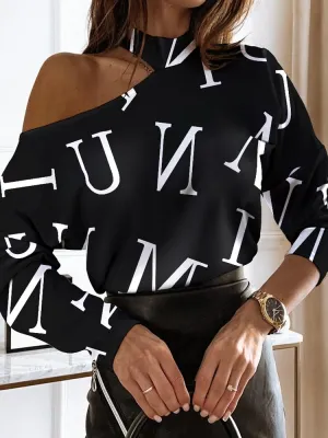 xakxx xakxx Back to School Women Elegant Fashion Long Sleeve Blouses Tops Could Shoulder Letter Casual Blouse