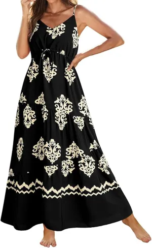 ZYXTIM Womens Summer Dresses 2025 V Neck Sleeveless Flowy Beach Dress Floral Printed High Waist A-line Sundress Long Dress